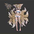 Anime Style Fox Ears Character With Multiple Tails In Bikini Holding Decorative Staff
