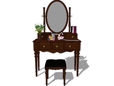 Classic Wooden Dressing Table With Oval Mirror Stool Cosmetics And Potted Plant 3d model