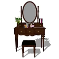Classic Wooden Dressing Table With Oval Mirror Stool Cosmetics And Potted Plant