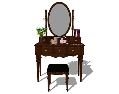 Classic Wooden Dressing Table With Oval Mirror Stool Cosmetics And Potted Plant 3d model