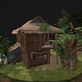 Cartoon Rural Scene With Thatched Roof Huts Wooden Cart And Green Trees