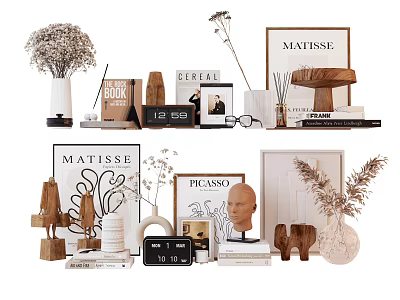 Stylish Decorative Ornament Set With Vases Dried Flowers Art Frames And Bust Sculpture 3d model
