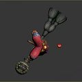 Game Movie Character In Pink Outfit With Red Jester Hat And Large Broom