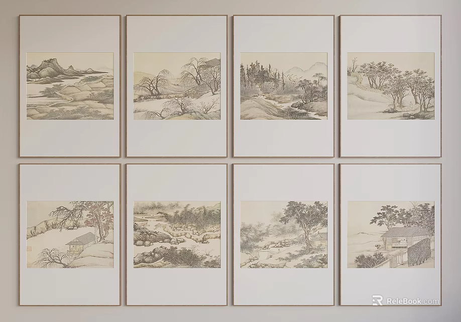 Eight Traditional Style Landscape Paintings With Mountains Rivers And Trees Framed Arranged 3d model 