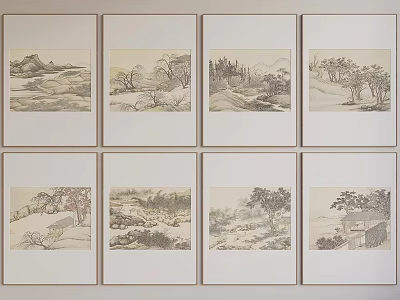 Eight Traditional Style Landscape Paintings With Mountains Rivers And Trees Framed Arranged 3d model