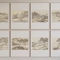 Eight Traditional Style Landscape Paintings With Mountains Rivers And Trees Framed Arranged