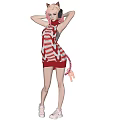 Woman with pink hair and cat ears wearing red and white striped dress and tail