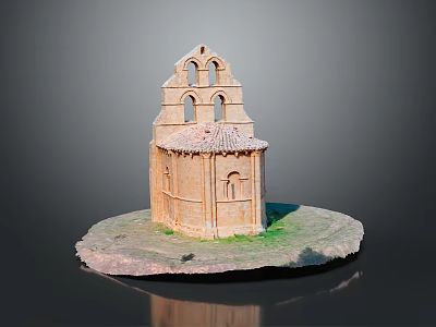 Ancient Stone Building Model With Arched Windows Dome Roof And Grass Platform 3d model
