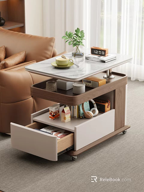 Modern Multifunctional Lift Top Coffee Table With Rock Slab Surface And Spacious Storage Drawers 3d model 