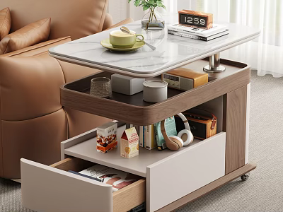 Modern Multifunctional Lift Top Coffee Table With Rock Slab Surface And Spacious Storage Drawers 3d model