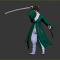 Man In Traditional Green Robe Holding Long Sword With Reflection On Gray Background 3d model