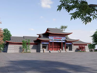 Traditional Ancient Chinese Architecture With Classic Roof Overhanging Eaves Red Doors And Square 3d model