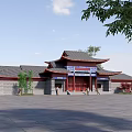 Traditional Ancient Chinese Architecture With Classic Roof Overhanging Eaves Red Doors And Square