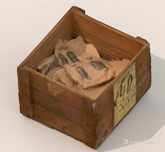 Vintage Wooden Crate Filled With Brown Paper Packages And Label 490 3d model 