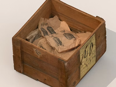 Vintage Wooden Crate Filled With Brown Paper Packages And Label 490 3d model