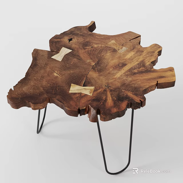 Natural Wood Patchwork Side Table With Irregular Shape And Black Metal Legs 3d model
