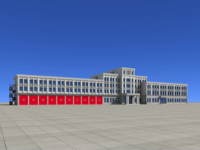 Modern Multi Storey Office Building With Red Doors Open Square Front And Blue Sky 3d model