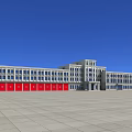 Modern Multi Storey Office Building With Red Doors Open Square Front And Blue Sky