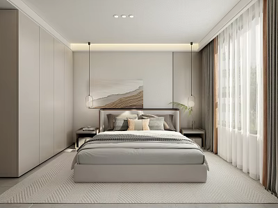 Modern Bedroom Interior Design With Neutral Tones Bed Nightstands And Wall Art 3d model