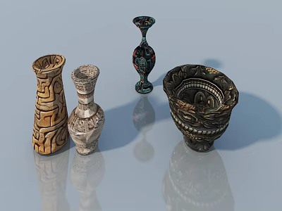 Five Decorative Vases With Different Designs And Reflective Surfaces On Light Blue Background 3d model