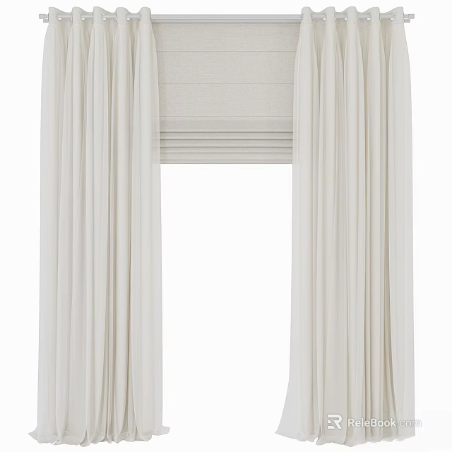 Modern Beige Curtain Interior Design With Roller Blind And Side Panels 3d model