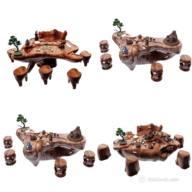 Artistic Root Carving Tea Table With Matching Stools And Natural Decorations 3d model