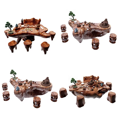 Artistic Root Carving Tea Table With Matching Stools And Natural Decorations 3d model