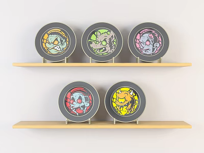 Five Circular Plates With Colorful Cartoon Patterns On Light Wooden Shelves 3d model