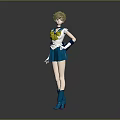 Anime Style Female Character With Short Blonde Hair Blue Skirt White Gloves And Blue Boots
