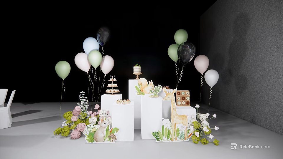 Vibrant Inflatable Decorations For Party With Balloons Cake Giraffe And Floral Ornaments 3d model 