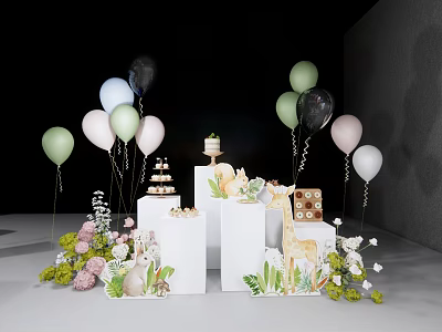Vibrant Inflatable Decorations For Party With Balloons Cake Giraffe And Floral Ornaments 3d model