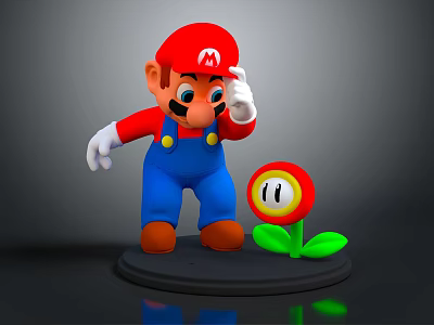 Mario 3D Model With Hand On Hat And Red Flower With Green Leaves 3d model