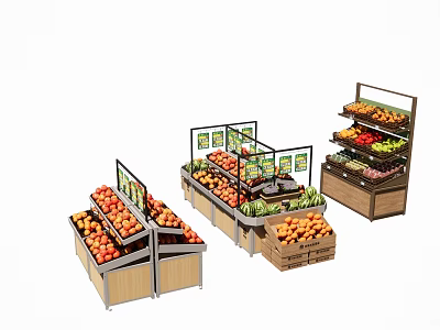 Organized Fruit Display Shelves For Supermarket With Fresh Fruits And Storage Bins 3d model