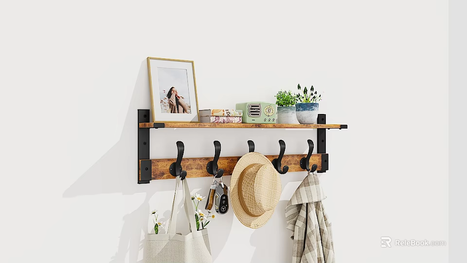 Wall Mounted Shelf With Hooks Hanging Hat Keys Coat Decorated Photo Frame Books Potted Plants 3d model 