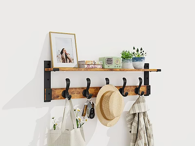 Wall Mounted Shelf With Hooks Hanging Hat Keys Coat Decorated Photo Frame Books Potted Plants 3d model