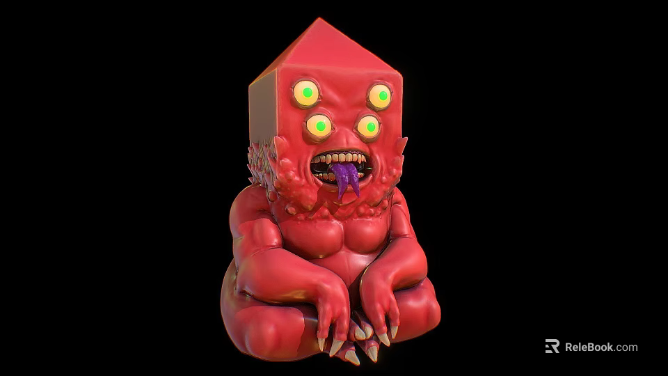 Red Monster Game Movie Character With Four Green Eyes Open Mouth And Purple Tongue 3d model 
