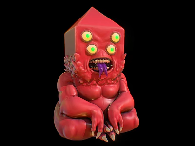 Red Monster Game Movie Character With Four Green Eyes Open Mouth And Purple Tongue 3d model