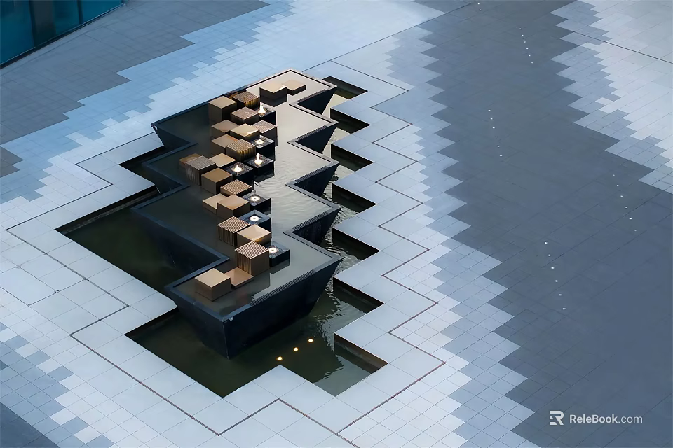 Modern Garden Ornament With Geometric Stepped Structure Water Feature And Square Elements 3d model 