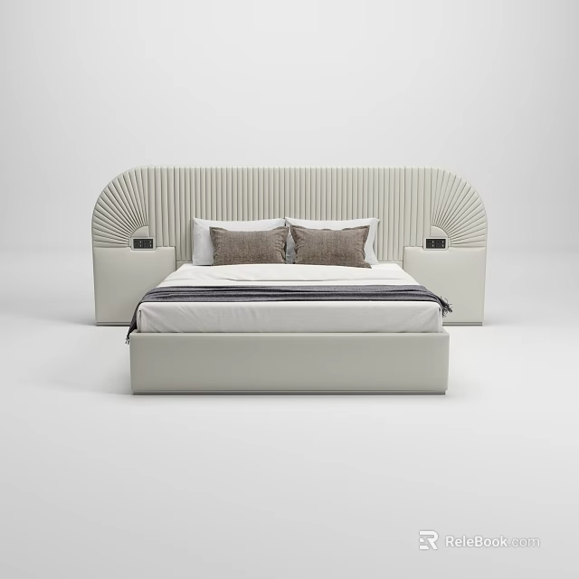 Modern Double Bed With Arched Striped Headboard Side LED Lights And Soft Bedding 3d model