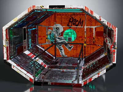 Cartoon Scene Octagonal Structure With Orange Wall Astronaut Kicking Green Cube BOOM Text Graffiti Style 3d model
