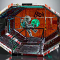 Cartoon Scene Octagonal Structure With Orange Wall Astronaut Kicking Green Cube BOOM Text Graffiti Style