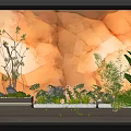 Indoor Landscape with Warm Yellow Marble Wall and Various Green Plants Flowers Dried Branch Decorations