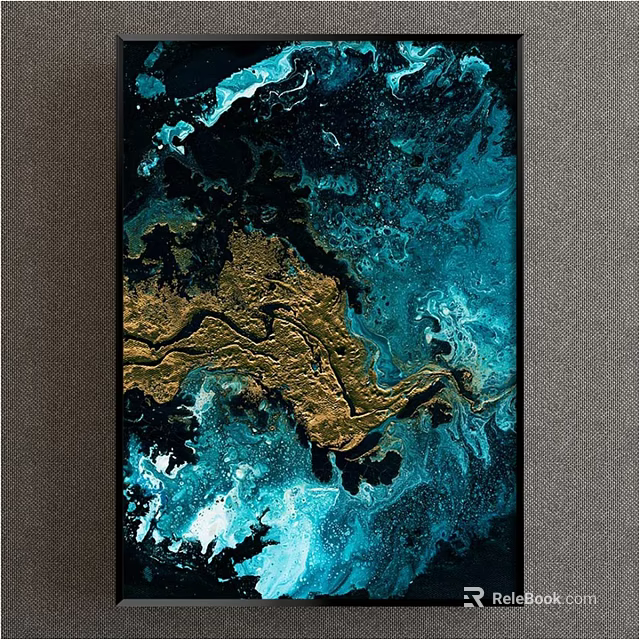 Gold Teal And Deep Blue Abstract Painting With Swirls And Dynamic Fluid Texture 3d model 