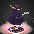 Woman With Purple Hair Wearing Black Witch Hat Holding Object With Colorful Sparkles On Base