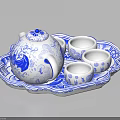 Elegant Blue and White Ceramic Tea Set with Decorative Teapot Cups and Tray