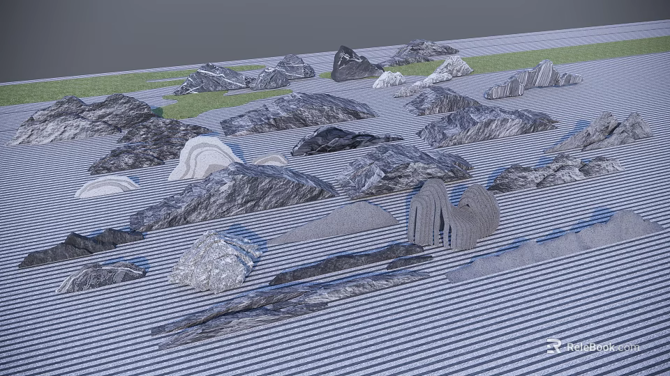 Various Shapes And Textures Of Rockery Stones On Grid Ground With Green Grass 3d model 