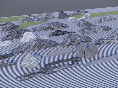 Various Shapes And Textures Of Rockery Stones On Grid Ground With Green Grass 3d model