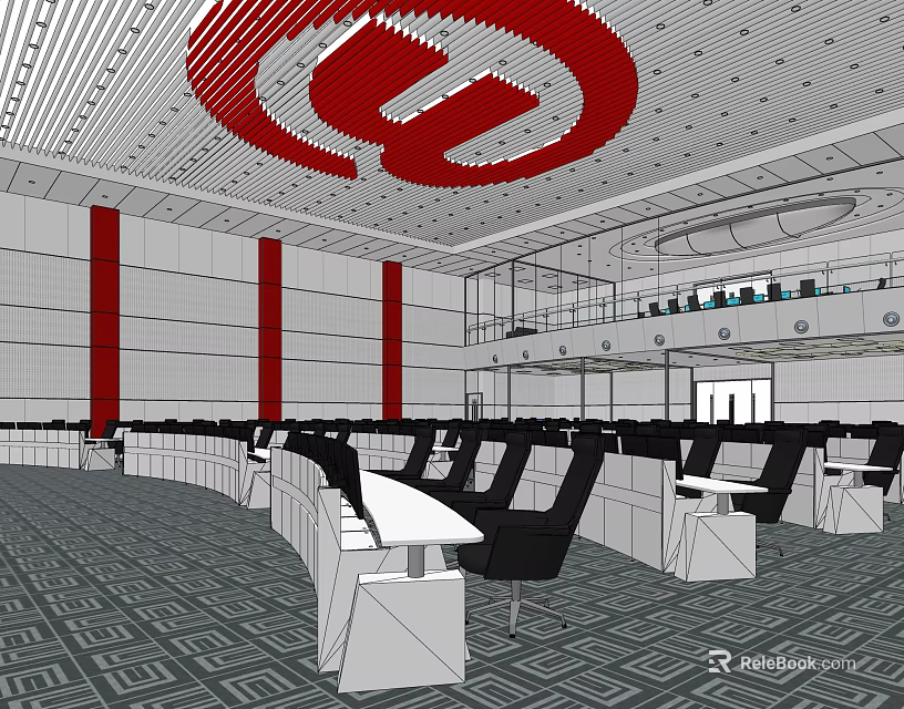 Control Room Interior With Multiple Desks Seats And Red Ceiling Decoration 3d model