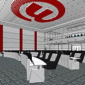 Control Room Interior With Multiple Desks Seats And Red Ceiling Decoration 3d model