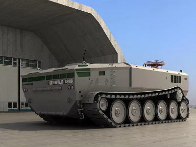 Large Tracked Utility Vehicle with Overland 1001 Marking Parked in Hangar Area 3d model
